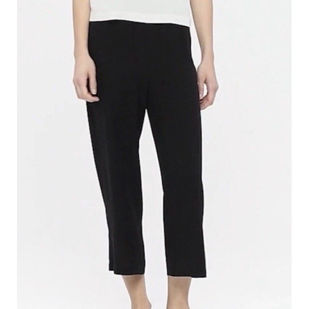 Eileen Fisher Silk Georgette Crepe Black Straight Crop Pants L NWT Elastic Waist